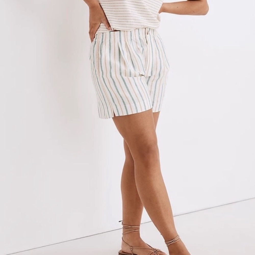 Madewell High Waist Striped Shorts - White and Blue